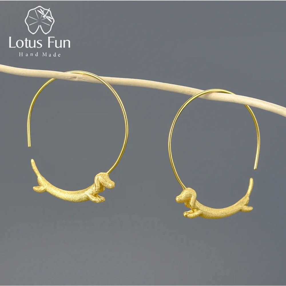 Real 925 Sterling Silver/18k Plated Gold Dachshund Dog Hoop Earrings - Picture 7 of 7